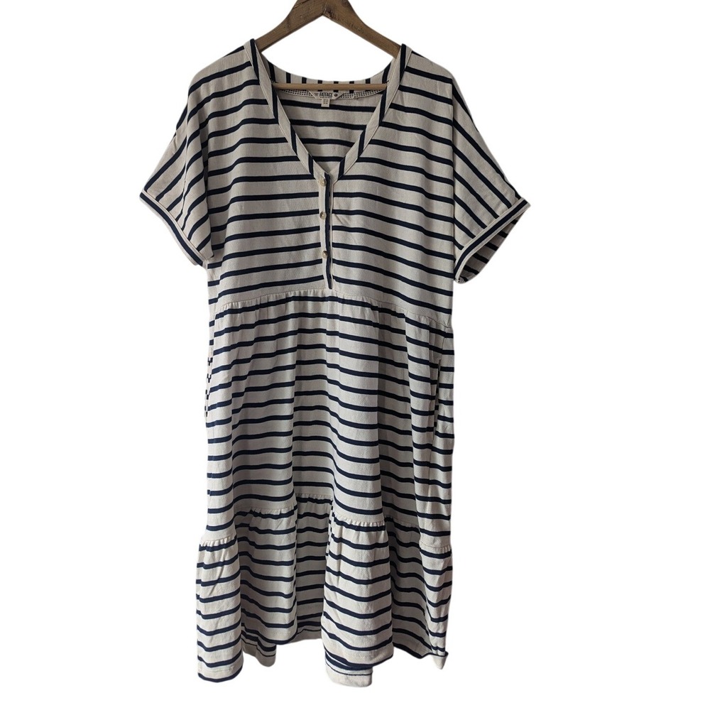 Fatface Ivory Navy Striped Tiered Ruffle V Neck T Shirt Dress Size 16‎
